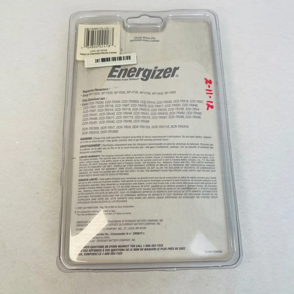 Energizer Camcorder Battery CM9072 Sony NP-F550 NP-F750 NP-F950 Lithium-Ion NEW